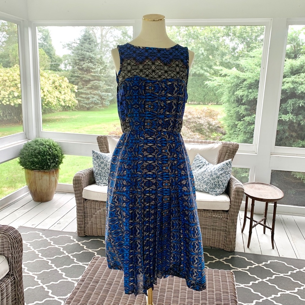 Tibi Silk Pleated Multicolor Fit and Flare Dress